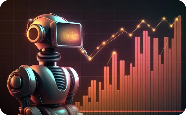 Image ilustrativa de um robô de inteligencia artificial e um gráfico ao fundo